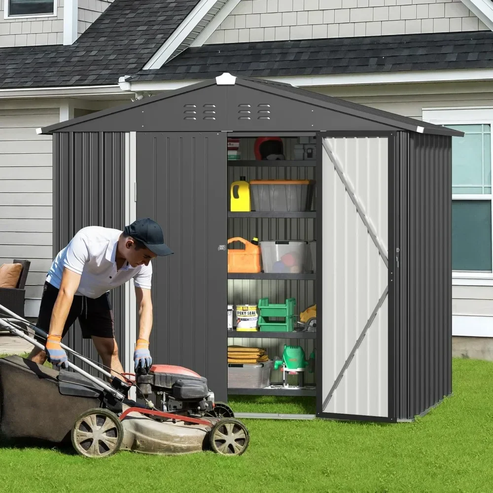 Shed de armazenamento ao ar livre 8 x 6 pés, galpão de jardim de metal galvanizado com portas duplas com fechadura, folga de armazenamento ao ar livre - cinza escuro