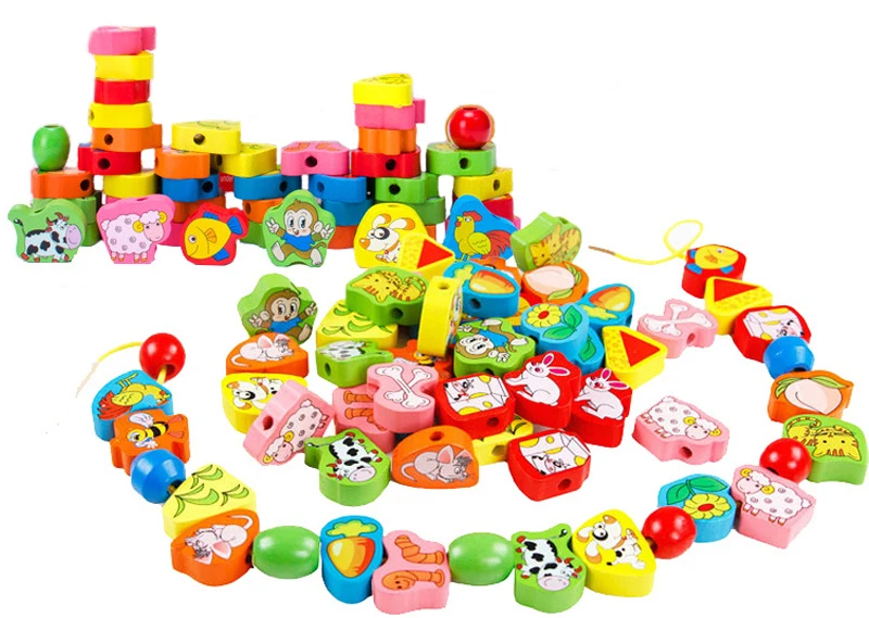 9-36 stücke Baby Holz Spielzeug Cartoon Obst Tier Bespannen Threading Holz Perlen Spielzeug Montessori Pädagogisches Spielzeug Für Kinder – Detail 2