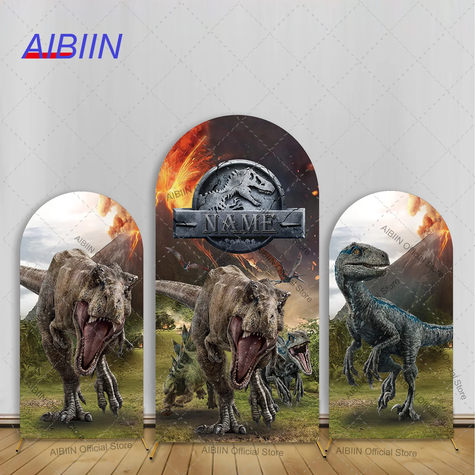 Anpassen Name Dinosaurier Thema Geburtstag Bogen Hintergrund Abdeckung Vulkan Echt Rex Junge Kuchen Baby Dusche Party Decor Foto Hintergrund