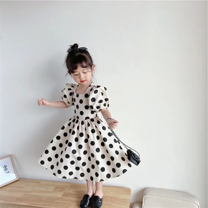 Korean Style Kids Frock Fashion Polka Dot Black and White Knee Length Dress Girls 2024 Elegant Princess Robe 100% Cotton Clothes