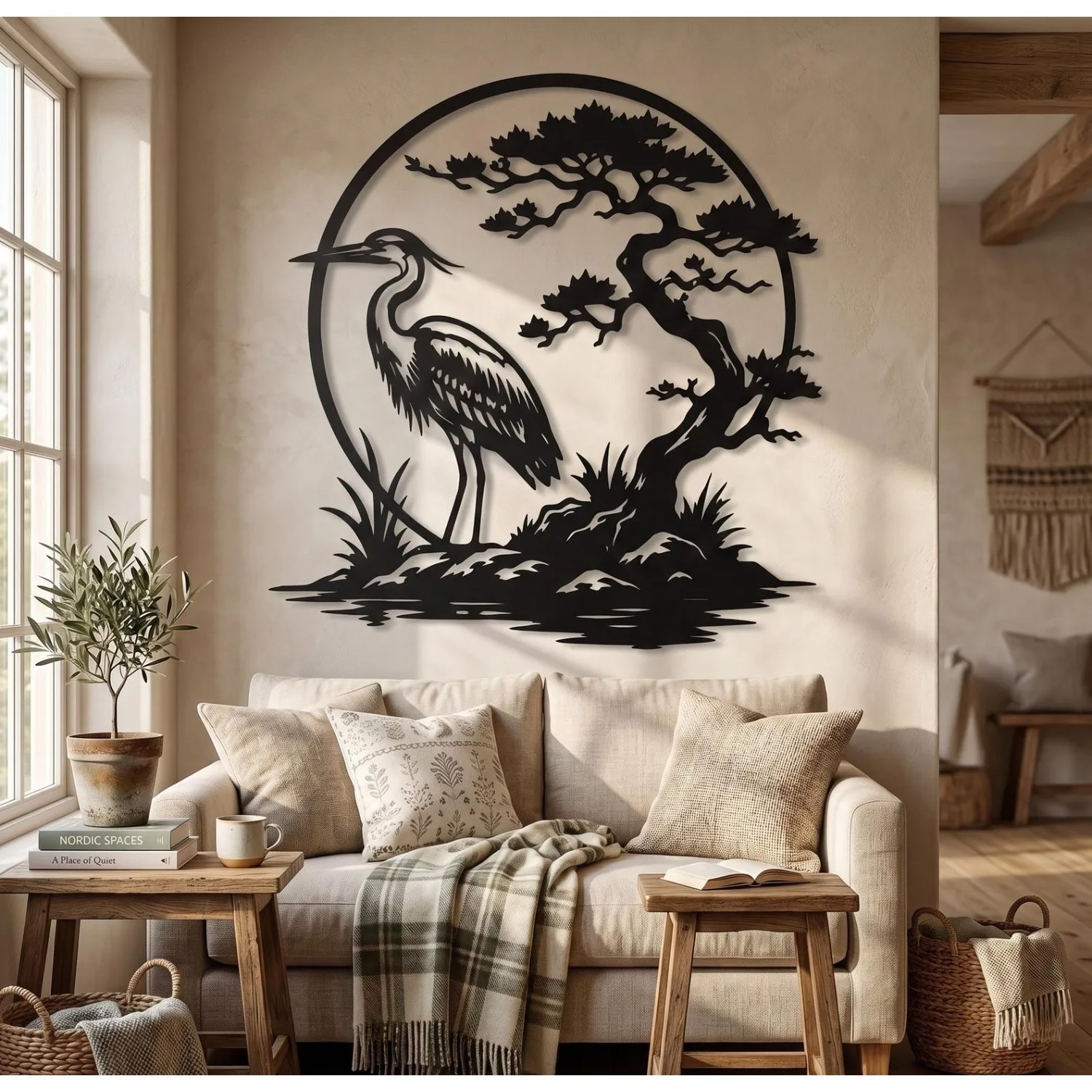 CIFBUY Iron Wall Art Heron Pine Tree Metal Sculpture Hanging Plaque Zen Home Decor Ornament Accent