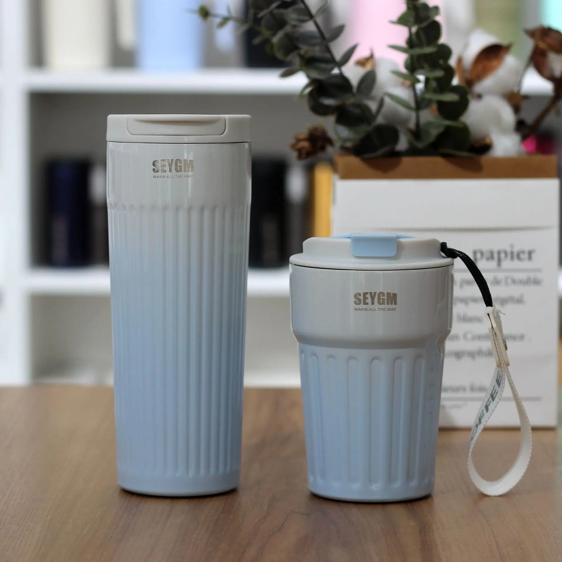 New 304 Stainless Steel Insulated Coffee Cup Bouncing Striped Ladies Water Bottle Car Mounted Beverage Cup White Color Office...