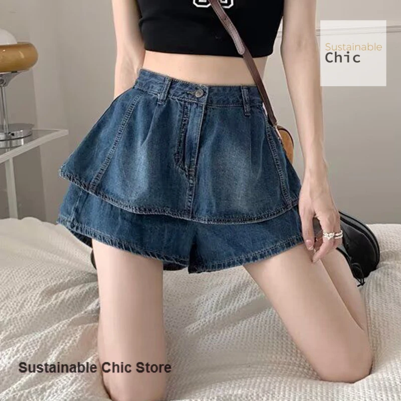 American retro denim skirt women's spring and autumn new fashion spice girls A-word short skirt pants pleated slim cake skirt