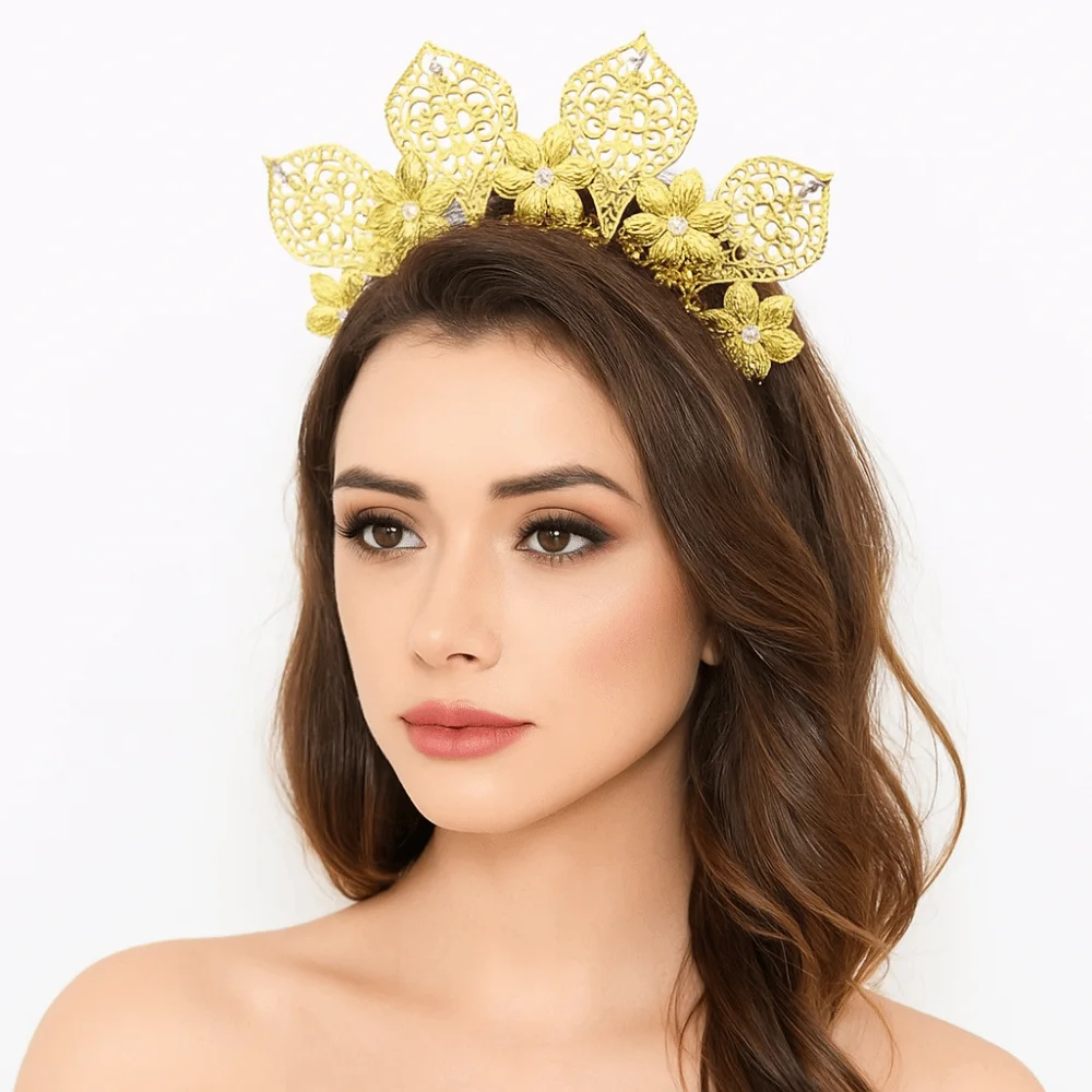 

Flower Goddess Halo Headband Rhinestone Exaggerated Women Hairband Sun Gold Color Traditional Festival Hair Hoop