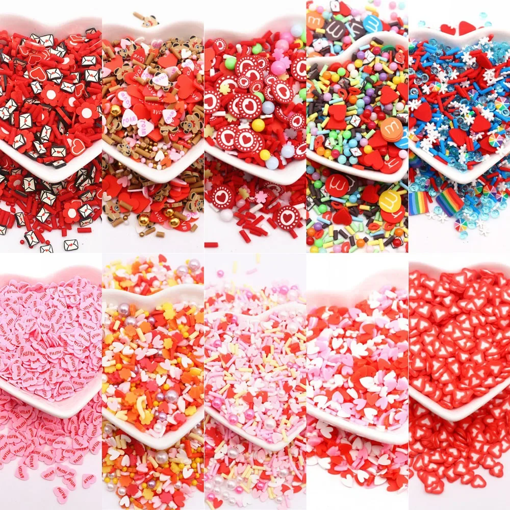 2-10mm Polymer Clay Sprinkles Slices Valentine\'s Day Series Mixed Soft Clay Slice Diy Slime Nailart Filler Accessories 10g