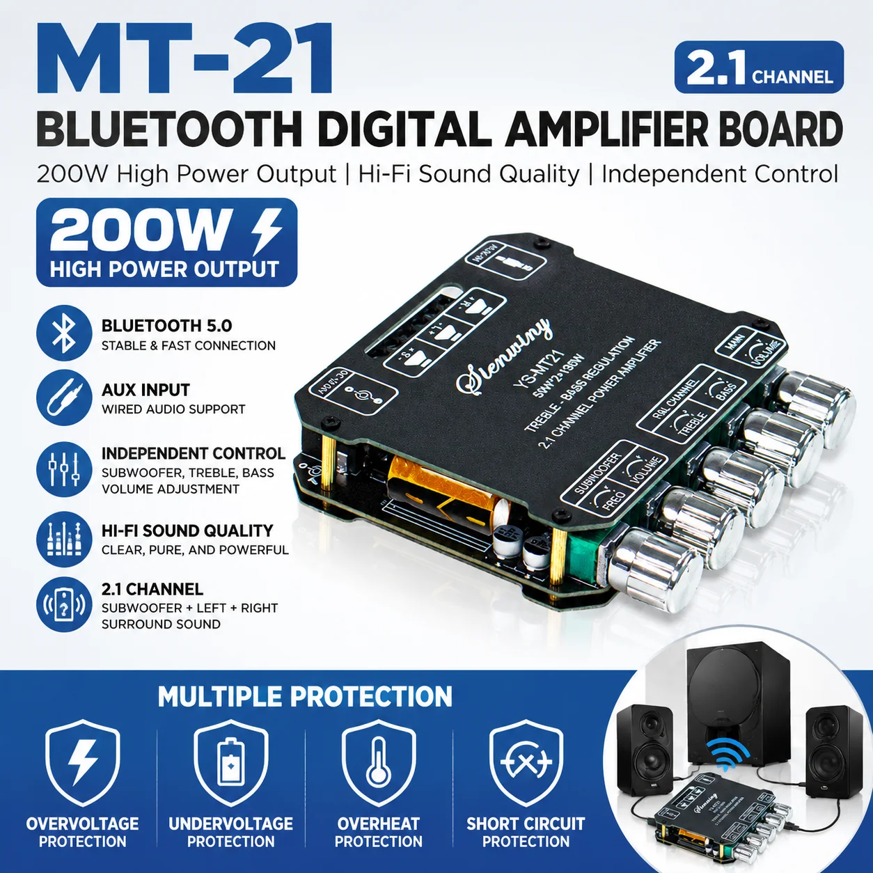 

YS-MT21 2.1 Channel Bluetooth 5.1 Audio Amplifier Board 50W*2+100W HiFi Stereo Subwoofer 12/24V AUX for Home Car DIY Speaker