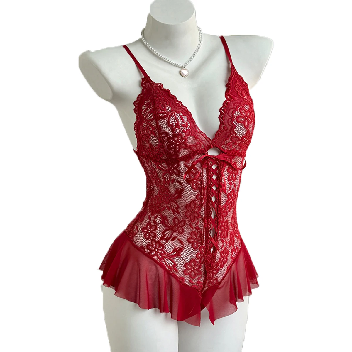 Women Dark Rose Lace Teddy Bodysuit Crotchless Open Back Strappy See Through Mesh Ruffle Mini Skirt Lingerie