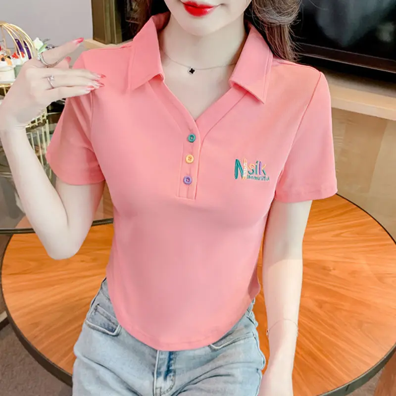 Kawaii Clothes Short Sleeve Women's Summer 2023 New Polo Collar Beautiful Embroidered T-shirt Unique Niche Fashion Crop Tops