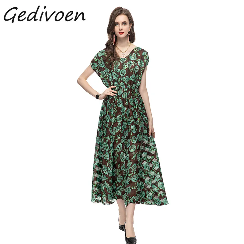 

Gedivoen Summer Fashion Designer Bohemian Dress Women's V-Neck Frenulum Hollow Out Elastic Waist Holiday Party Print Long Dress