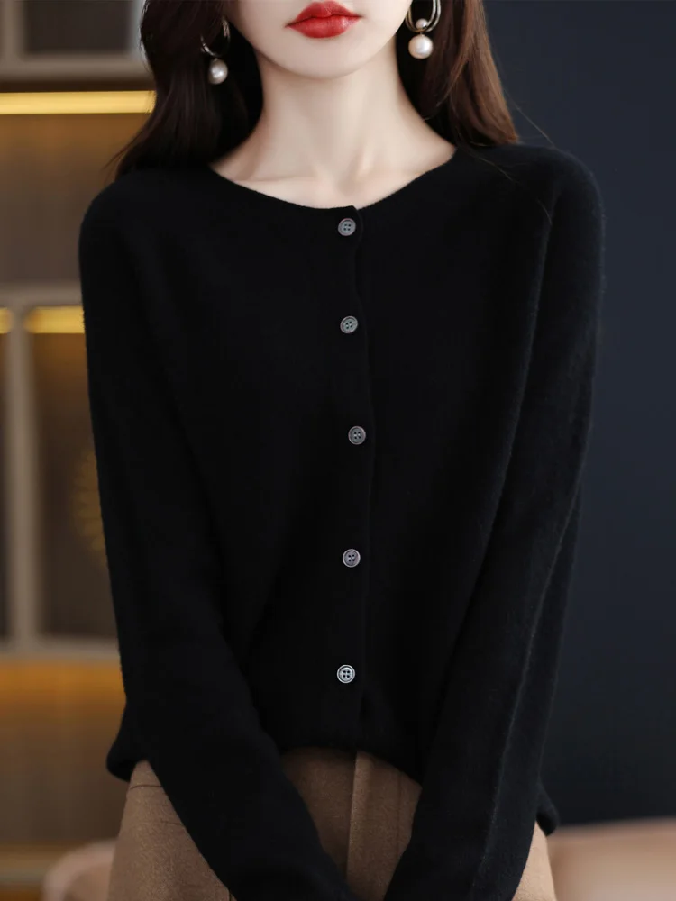 Long Sleeve 100% Merino Wool Sweaters Spring Autumn Women O-Neck Knitwear Tops Clothing Fashion Basic Tops