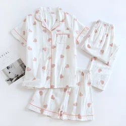 2023 New Women's Spring Summer 100% Gauze Cotton Pajamas 3-piece Short Sleeve + Shorts + Trousers Soft And Comfortable Homewear