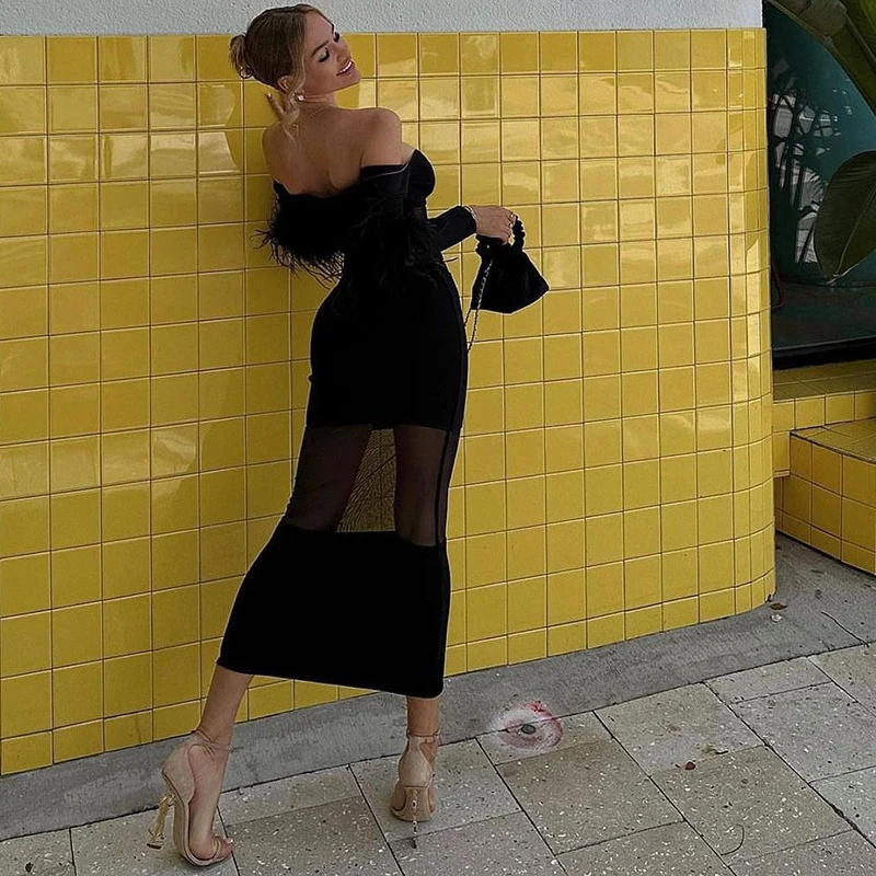 Sexy Strapless Sheer Mesh Spliced Feathers Dress For Women Slash Neck Long Sleeves High Waist Slimming Dresses Female