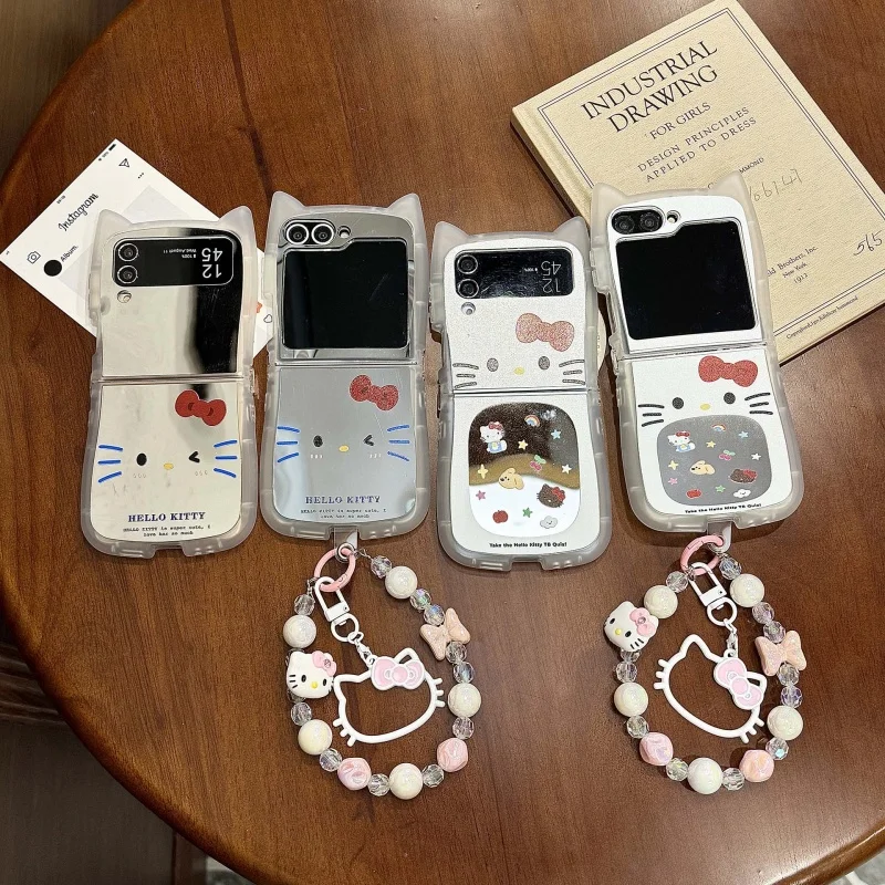 3d dos desenhos animados espelho orelhas de gato boca grande olá kitty caso de telefone para samsung galaxy z flip 6 5 4 3 caso de telefone com pulseira pingente