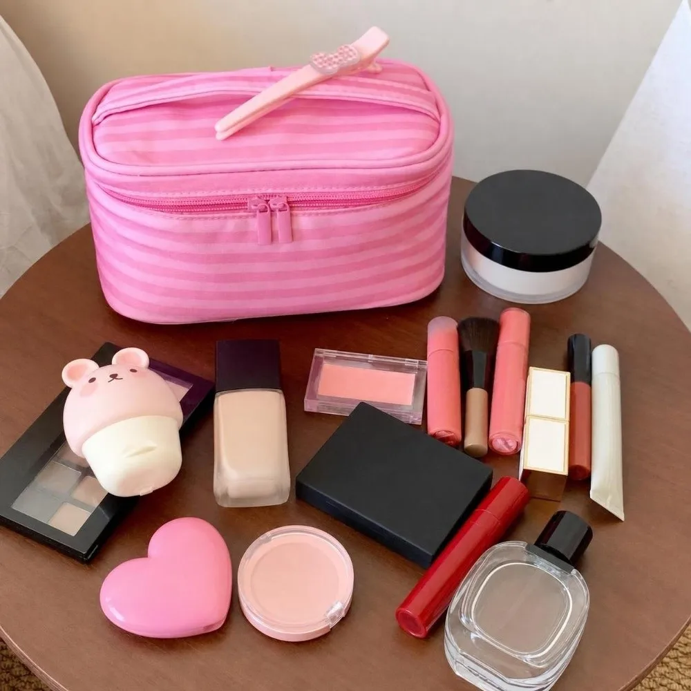 New Pink Stripe Makeup Bag Handheld with Mirror Toiletry Bag Large Capacity Lightweight Cosmetic Storage Bag Travel Use