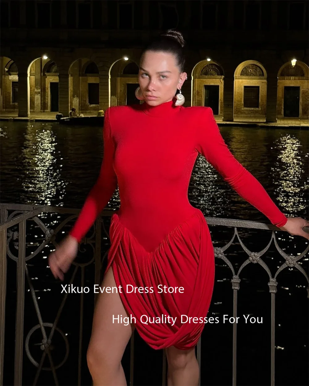 Xikuo 2025 Glamorous High Neck Slit Prom Gowns Long Sleeves Vestidos De Noche Above Knee Ruched Vestidos Para Mujer Customized