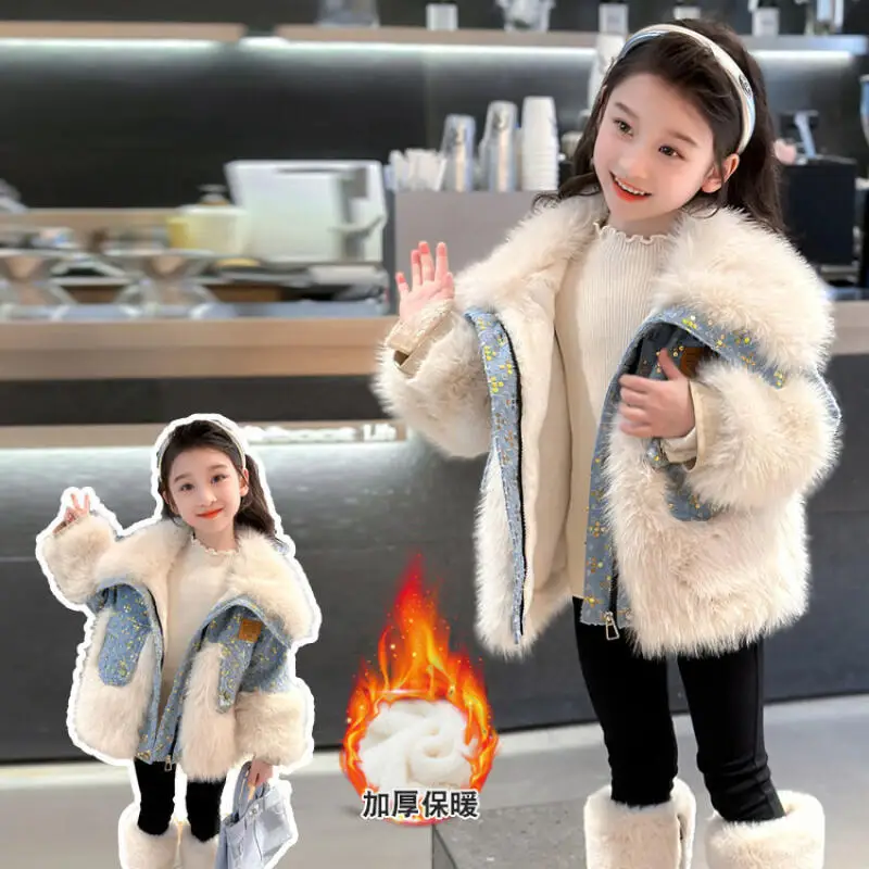 

Girl's Imitation Fur Coat Autumn Winter New Children's Plush Thick Cotton Coat Long Sleeve Keep Warm Velvet Thicken Fur Coat
