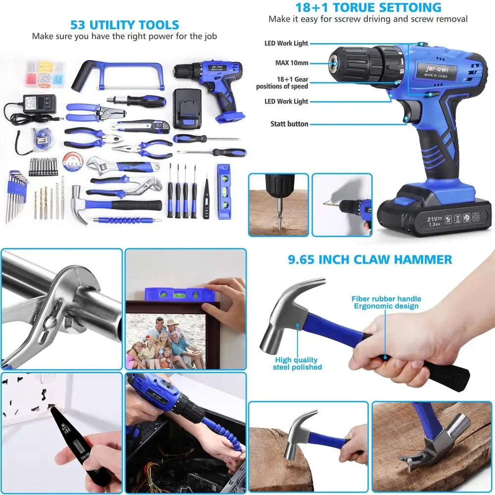 

Набор аккумуляторных дрелей 21В: Комбинированный набор электроинструментов из 112 предметов для ремонта дома, сада и офиса - Синий