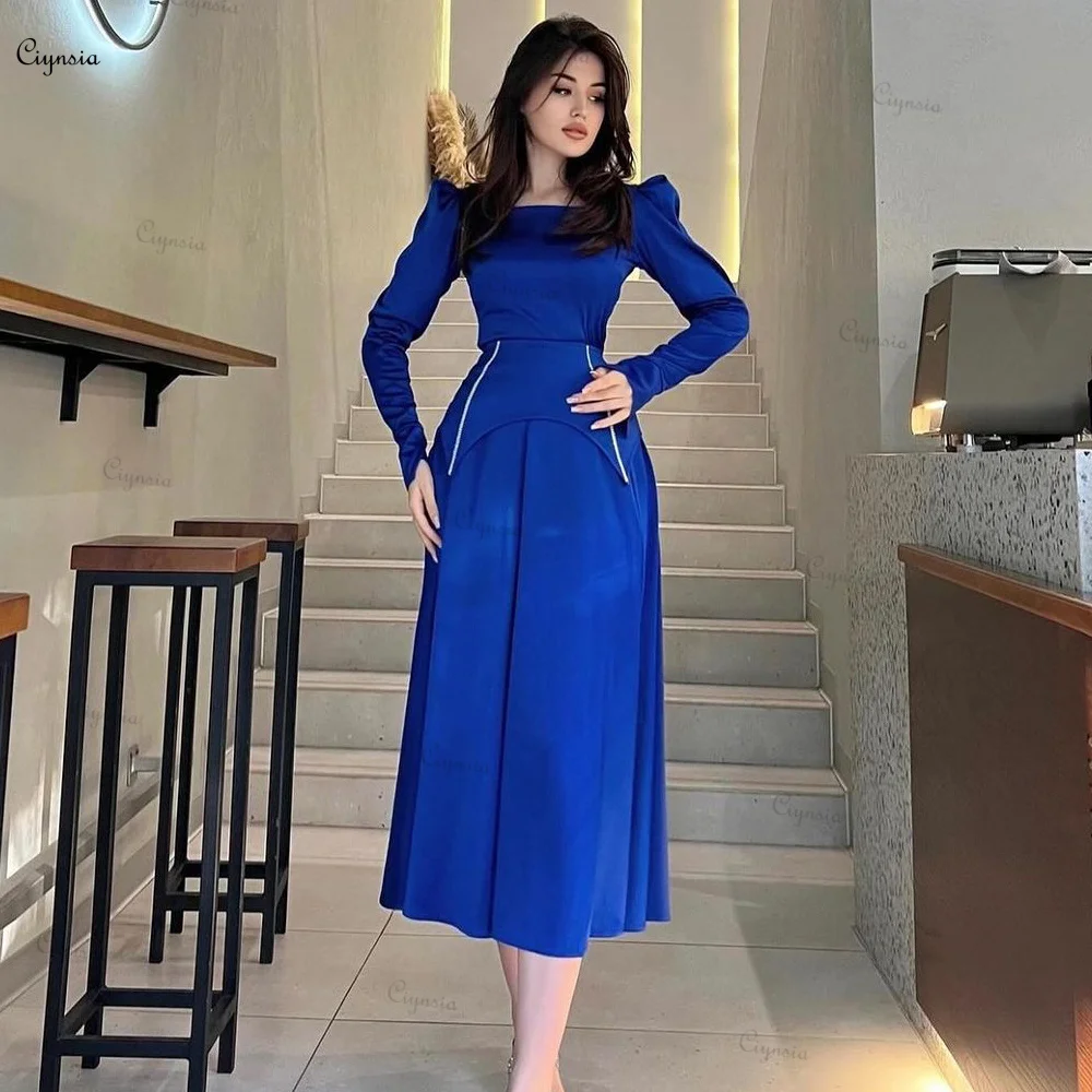 

Ciynsia Royal Blue Tea Length Evening Dresses for Women Elegant Satin Long Sleeve Formal Party Gowns Simple Vestidos De Gala