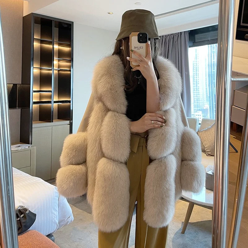 

Winter Women's Fox Fur Coat Luxury Warm Imported Fox Fur Coat In The Long Splicing Cold Proof Leather Coat