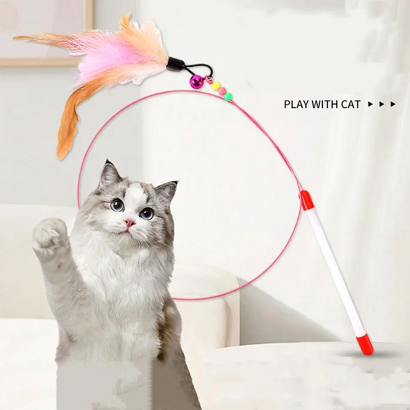 Butterfly Colorful Turkey Feathers And Steel Wire Teasing Cat Stick with Cute Bell Fish - Interactive Cat Playing Toys