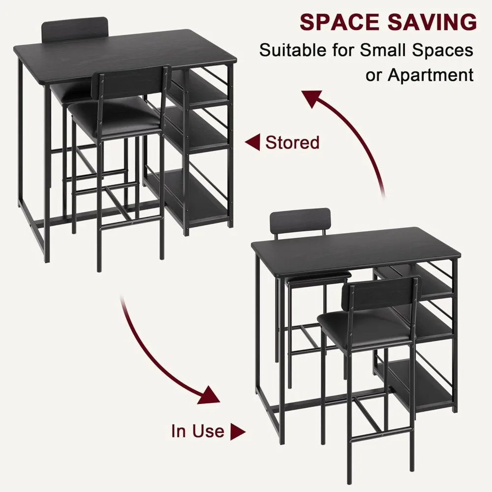 

3-Piece Bar Table and Chairs Set, Dining Table Set for 2 with 2 PU Cushioned Stools, 3 Storage Shelves, Space Saving Table