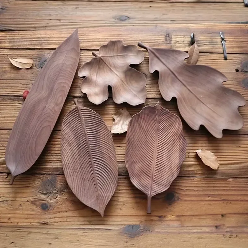 Black Walnut Wooden Kitchen Tray Hand Carved Leaf Design Country Style Serving Platter for Home Decor Rustic Originality