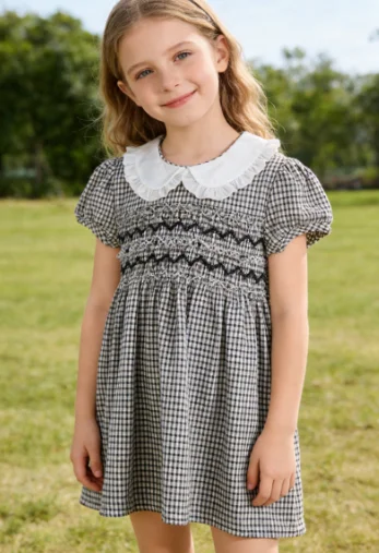 

Summer Embroidered Dress Cotton Checkered Retro Dress for Baby Girls and Children Fashion Cute Kids Skirt