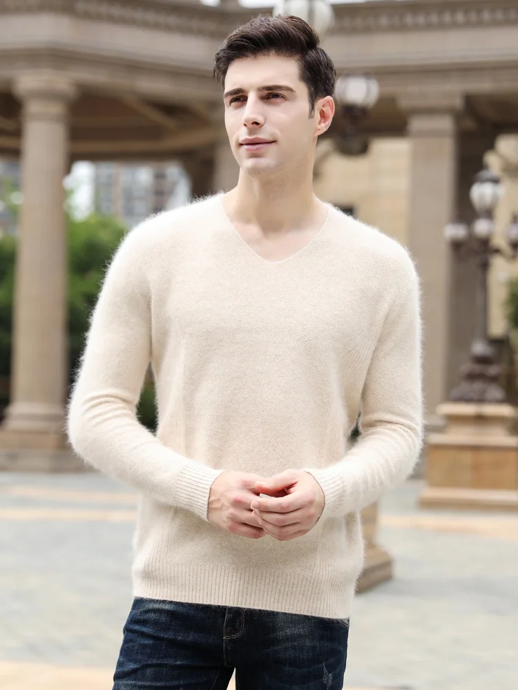 Autumn Winter Men's Cashmere V-neck Sweater Pullovers 100% Mink Cashmere Knitwear Business Basic Casual Long Sleeve Clothes Tops