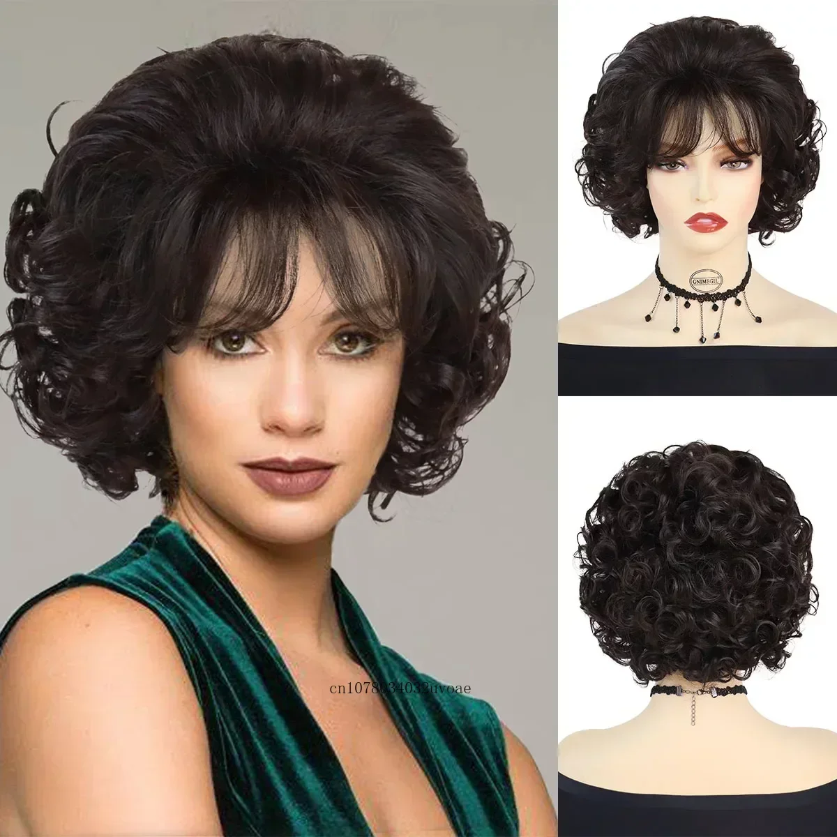 Synthetic Short Hair Brown Curly Wigs for Women Natural Hairstyles Mommy Wig with Bangs Daily Outfits Cosplay Party Old Lady Wig