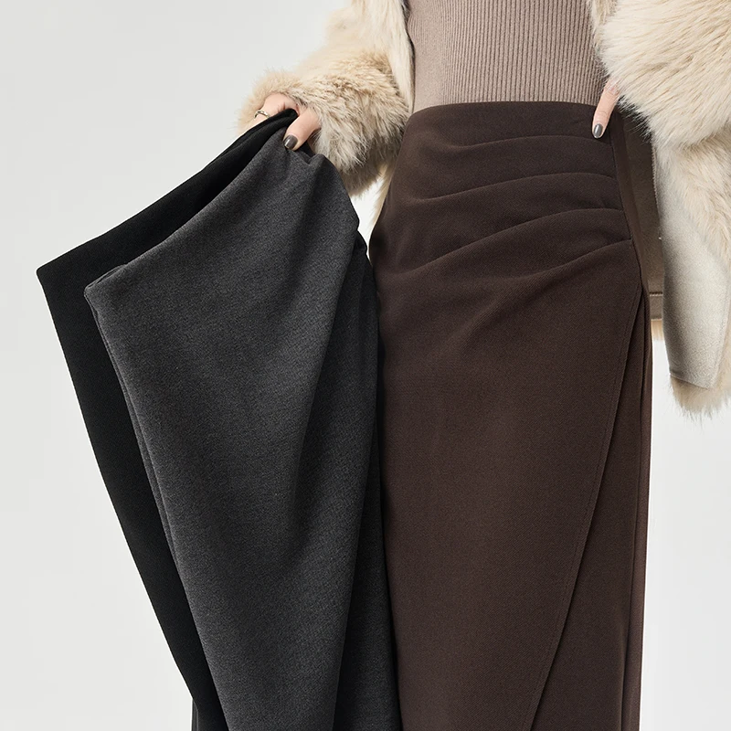 Schicke Falten-Wollröcke für Damen, vielseitig, Büro, lässig, schlankmachende Passform, hohe Taille, mittellanger gerader Rock für Damen