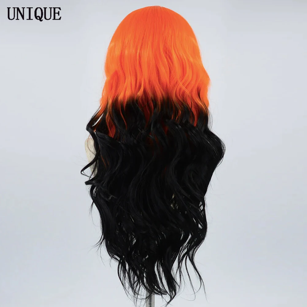 UNIQUE Long 26 Inch Synthetic Ombre Wig Orange Black Lace Front Wigs for Women Heat Resistant Fiber Glueless Body Wave Wig Hair