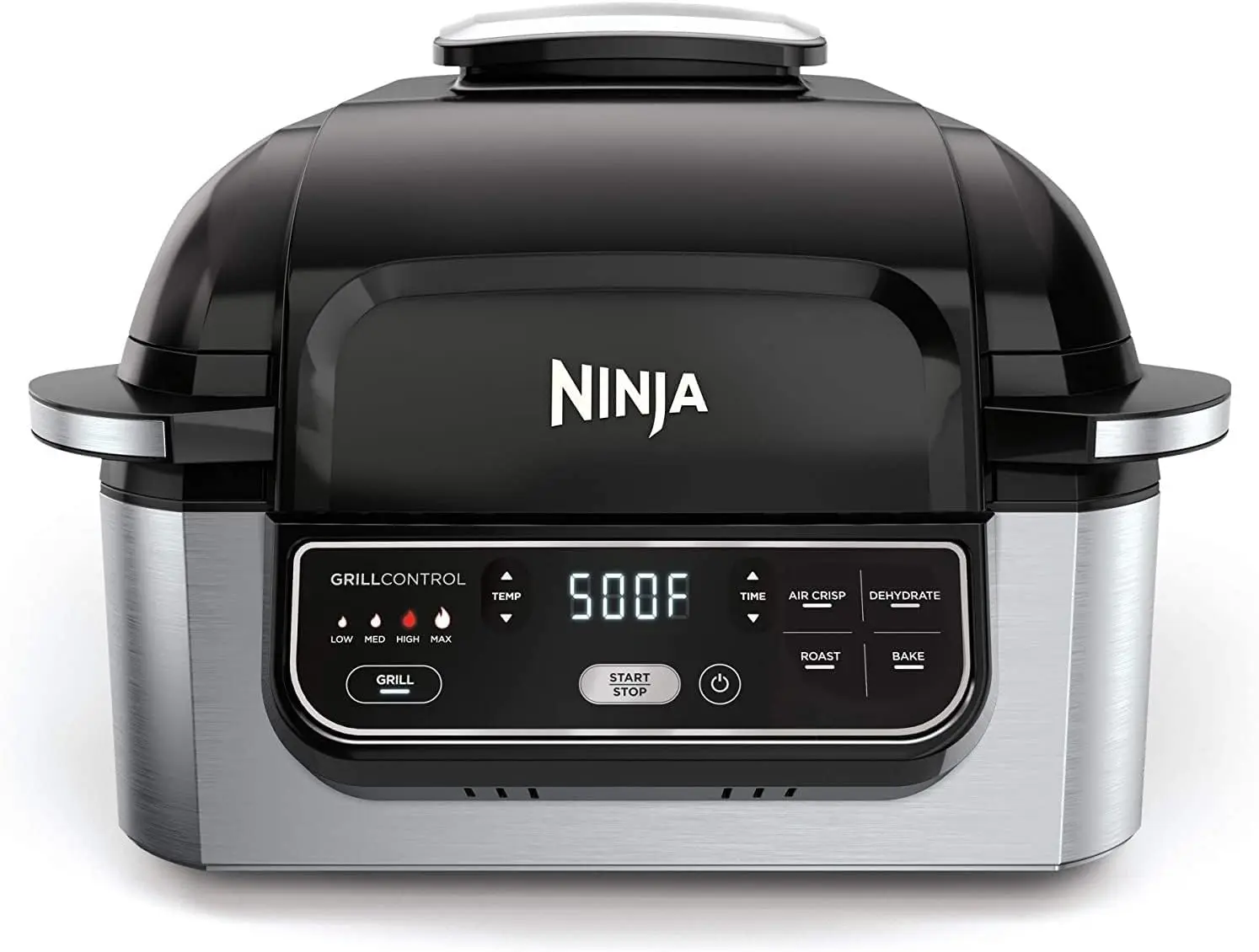 Ninja Ag301 Foodi 5-In-1 Elektrische Grill Voor Binnen Met Frituren, Braden, Bakken En Uitdrogen-Programmeerbaar, Zwart/Zilver