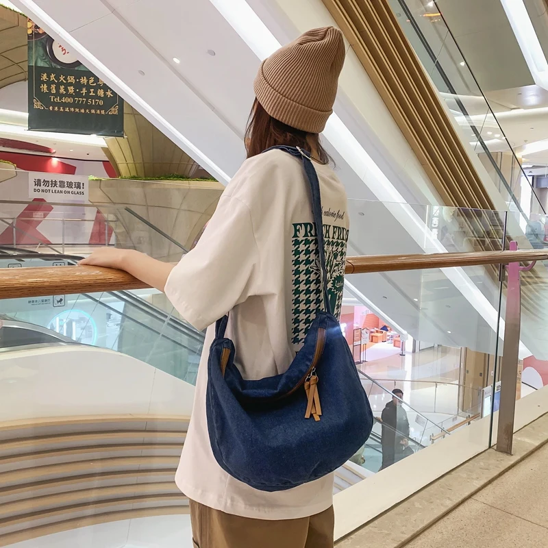 

Zipper Denim Women's Bag Casual Messenger Bag Y2K Shoulder Cross Bag Female Handbag Canvas Eco Bag Korean Shopper Saddle Murse