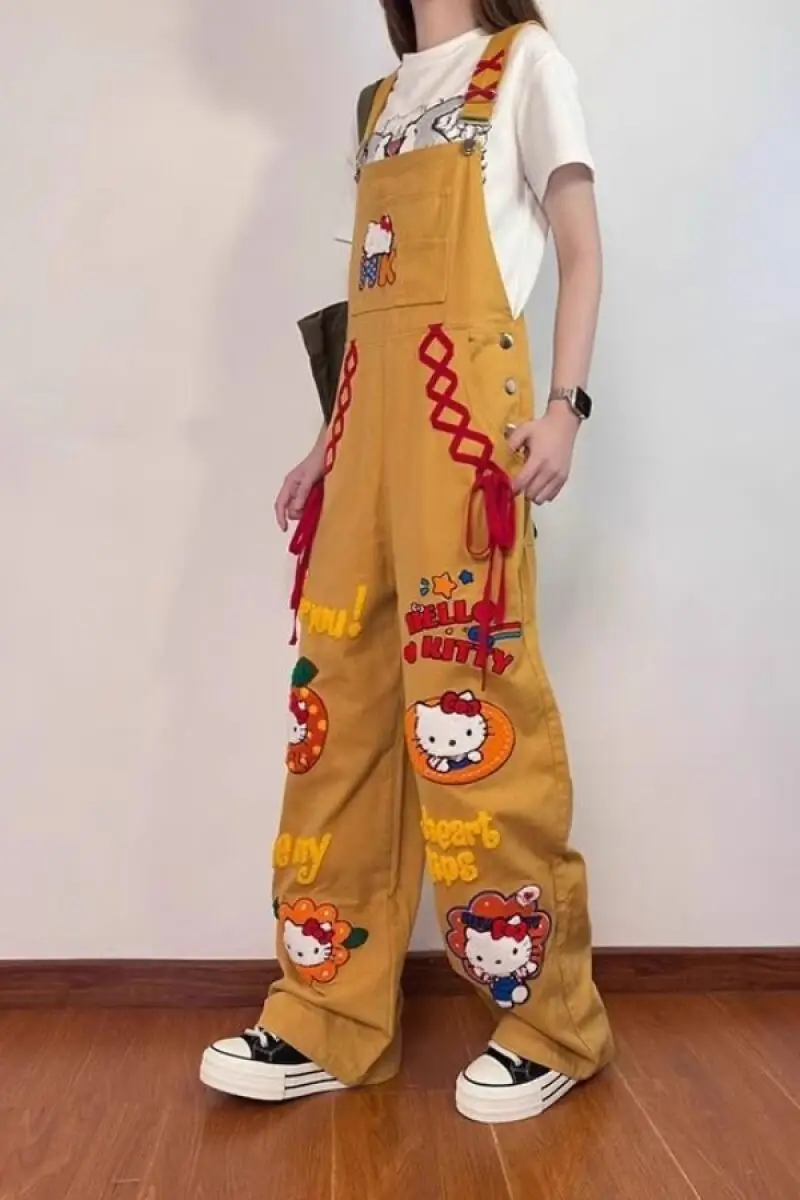 

Sanrio Hello Kitty Retro Panties Kawaii Y2K Pants Summer Loose American Style Working Equipment Leisure Wide Legs Girl's Pants