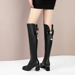 Designer Pointed Toe Women Knee High Boots New 2024 Fashion Back Bowknot Long Boots Thick High Heels Autumn Winter Ladies Shoes