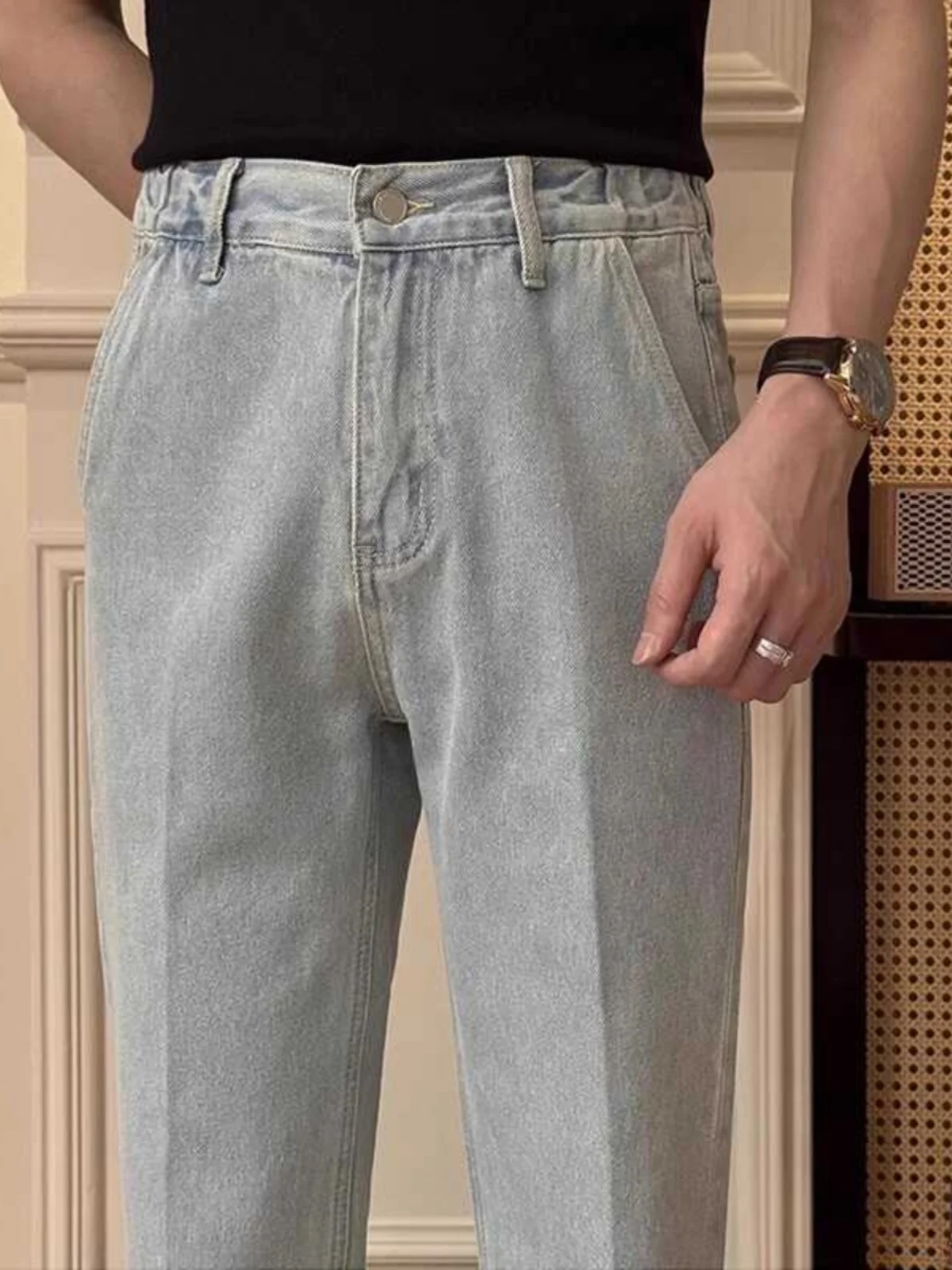 

Italian Luxury Waed Denim Jeans Men's Straight Fit Slant ket Cone ape Light Blue Long Trousers Trendy Autumn Wear