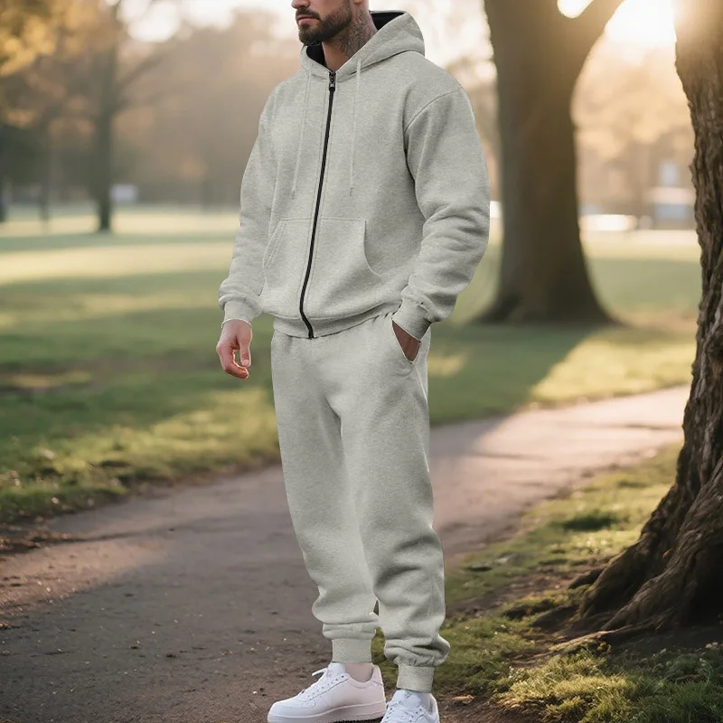

Cross-border autumn and winter men's heavy solid color velvet cardigan zipper long sleeve hooded sports sweater set