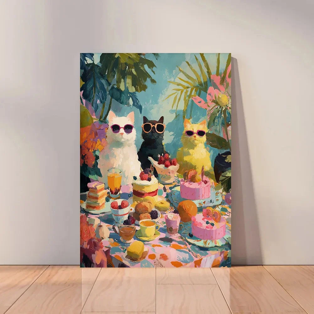 Multiple sizes 1pc frameless Canvas Painting,Funny Cat Party Baking Cakes Poster and Prints Canvas Painting Wall Art Pictures Ho