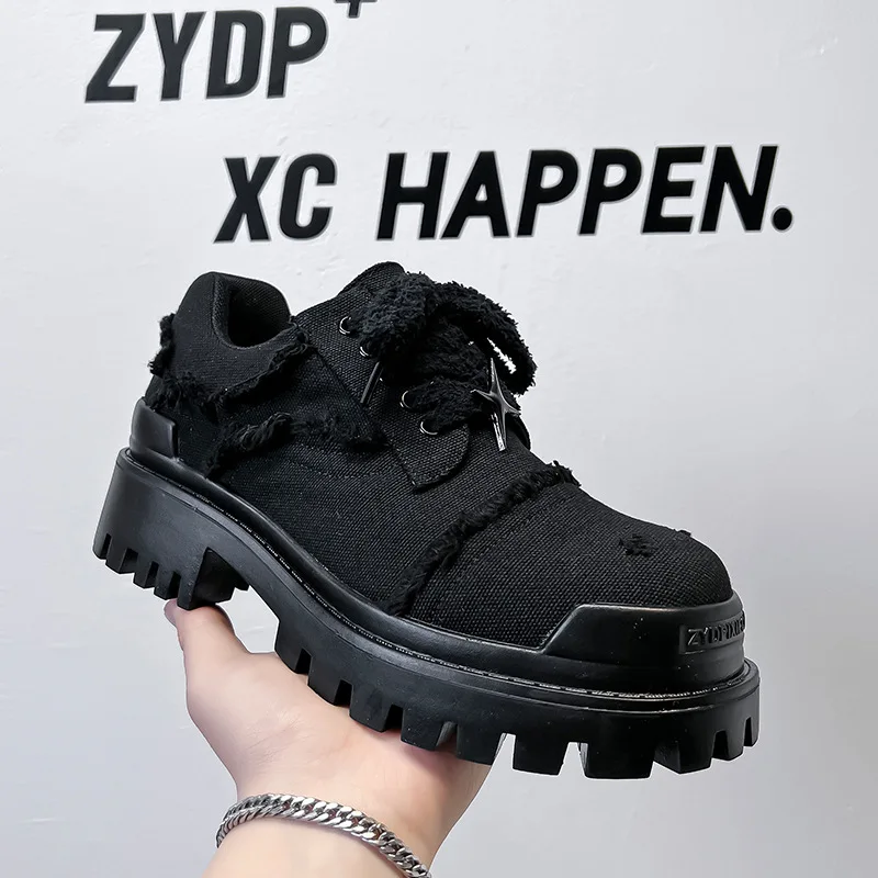 

Men Retro Denim Derby Shoes British Style Thick Soled Big Round Toe Lace-Up Casual Shoes Versatile Trendy Outdoor Walking Shoes