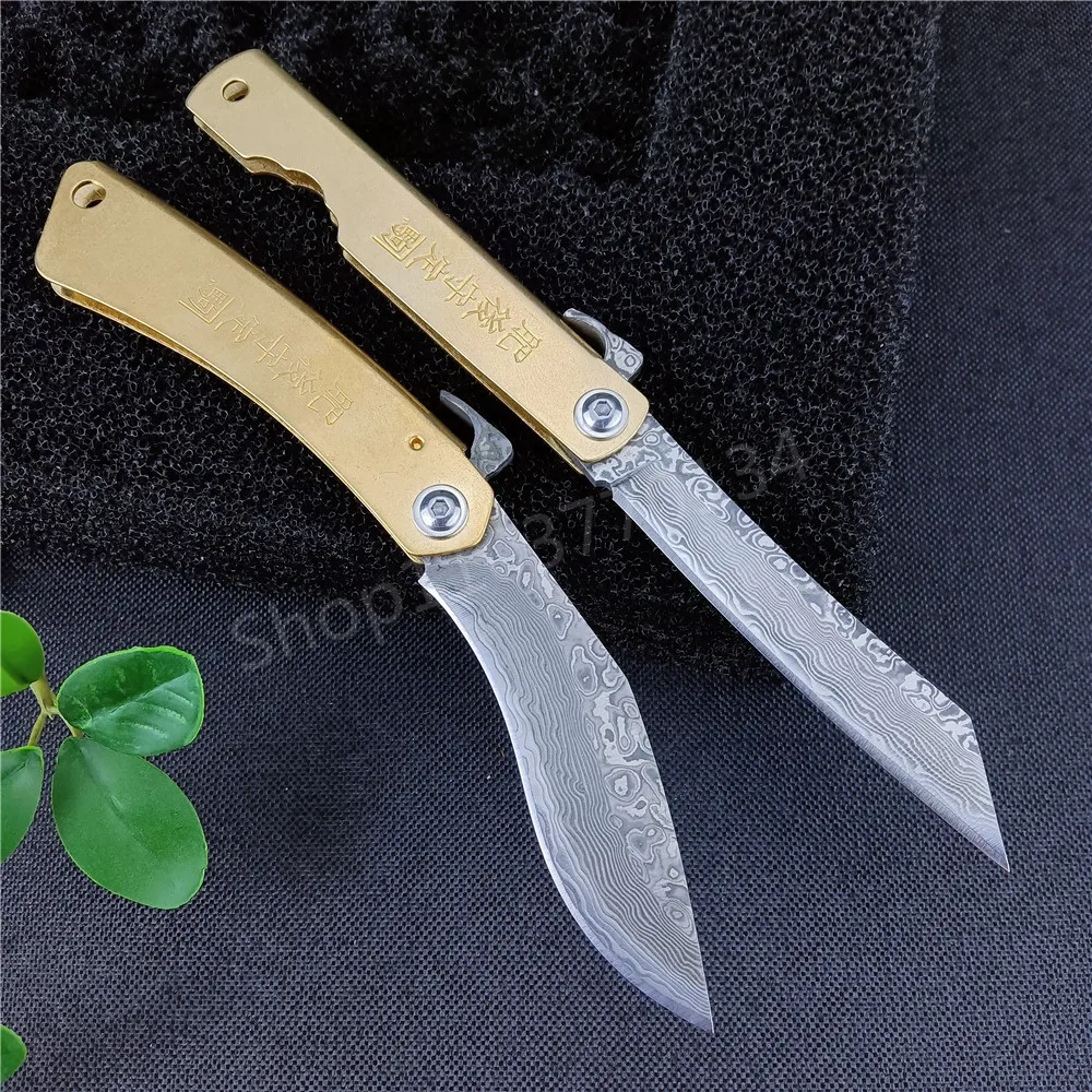 Mini Higonokami Kitchen Folding Pocket Knife Damascus Steel Blade Copper Handle Outdoor Survival Hunting Hiking Cutting EDC Tool