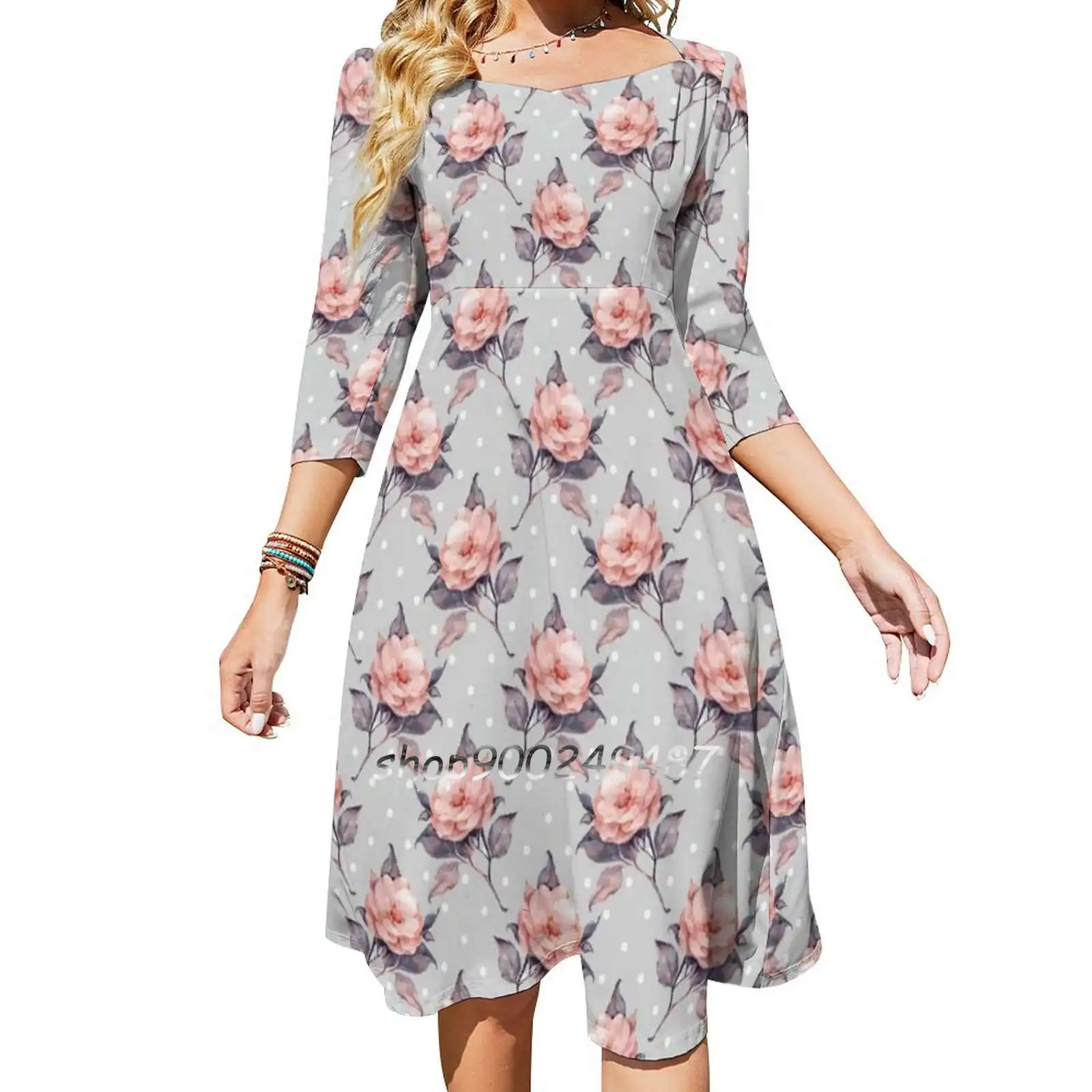 

Vintage Floral Pattern Flare Dress Square Neck Dress Elegant Female Fashion Printed Dress Beautiful Blooming Blossom Botany