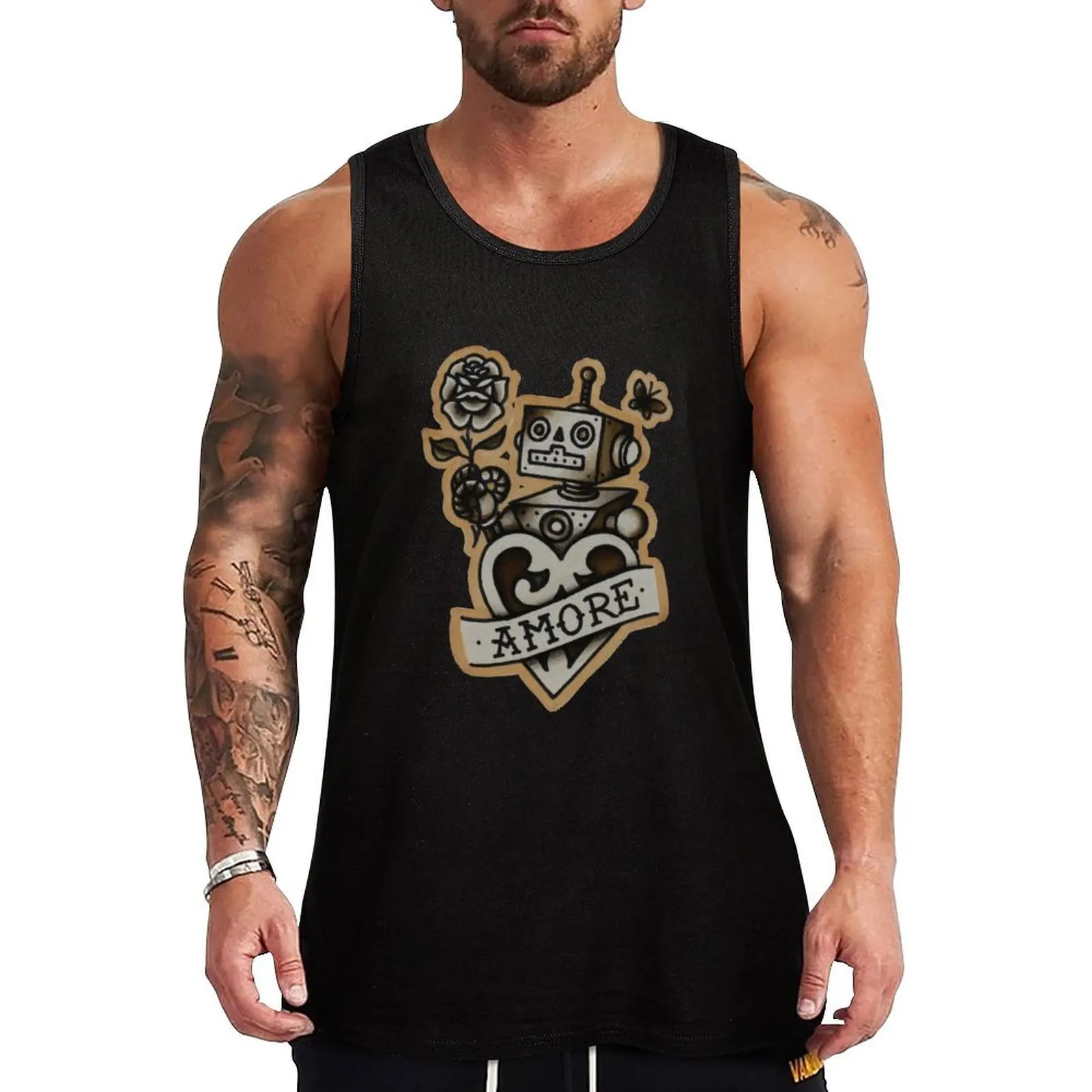 Vintage style tattoo design of retro robot. Tank Top summer Men's tops T-shirts men