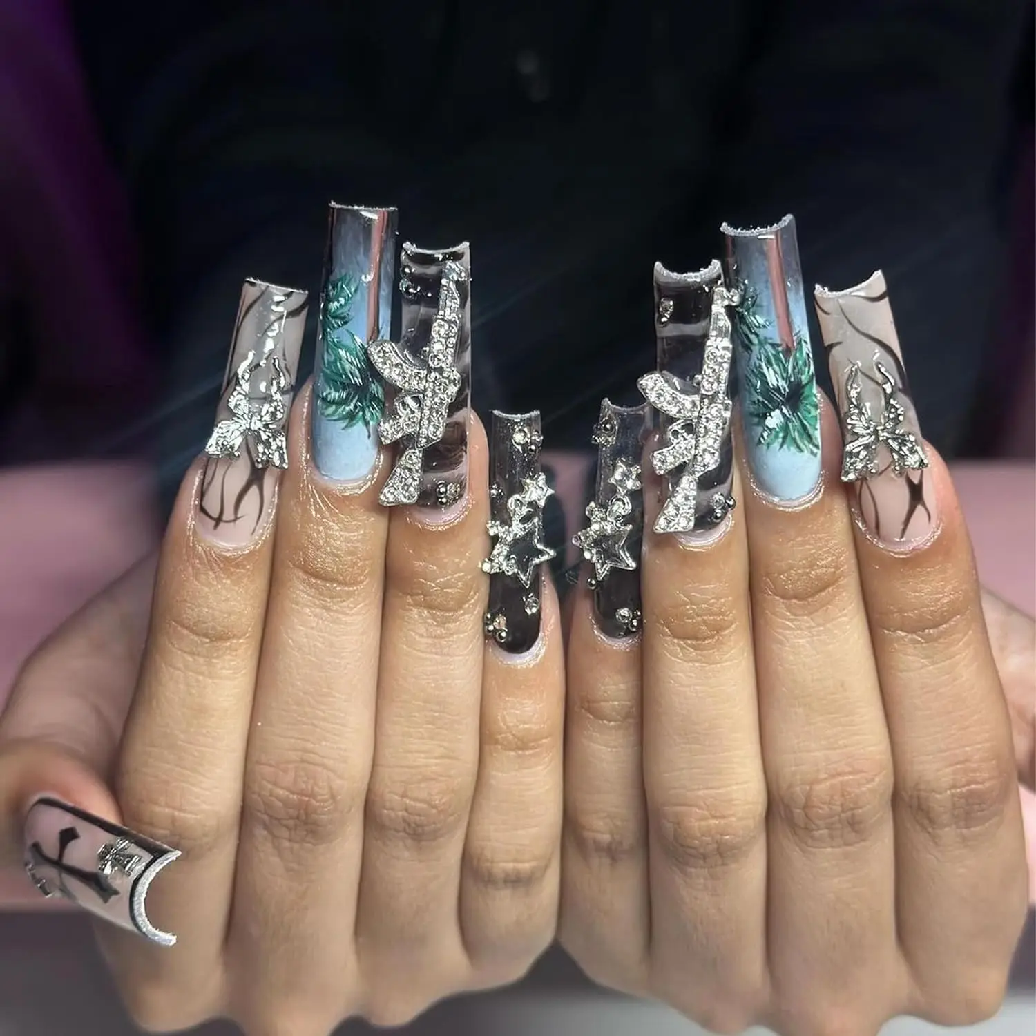 44 pçs arma prego encantos arte do prego strass, ouro prata rosa liga arma sinal de dólar estrela decoração do prego para unhas acrílicas, je