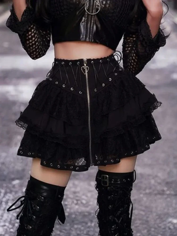 Gothic Lace Skirt for Women, Emo Alternative Y2k E-girl Lolita High Waist Skirt, Harajuku Grunge Clubwear, Female Streetwear