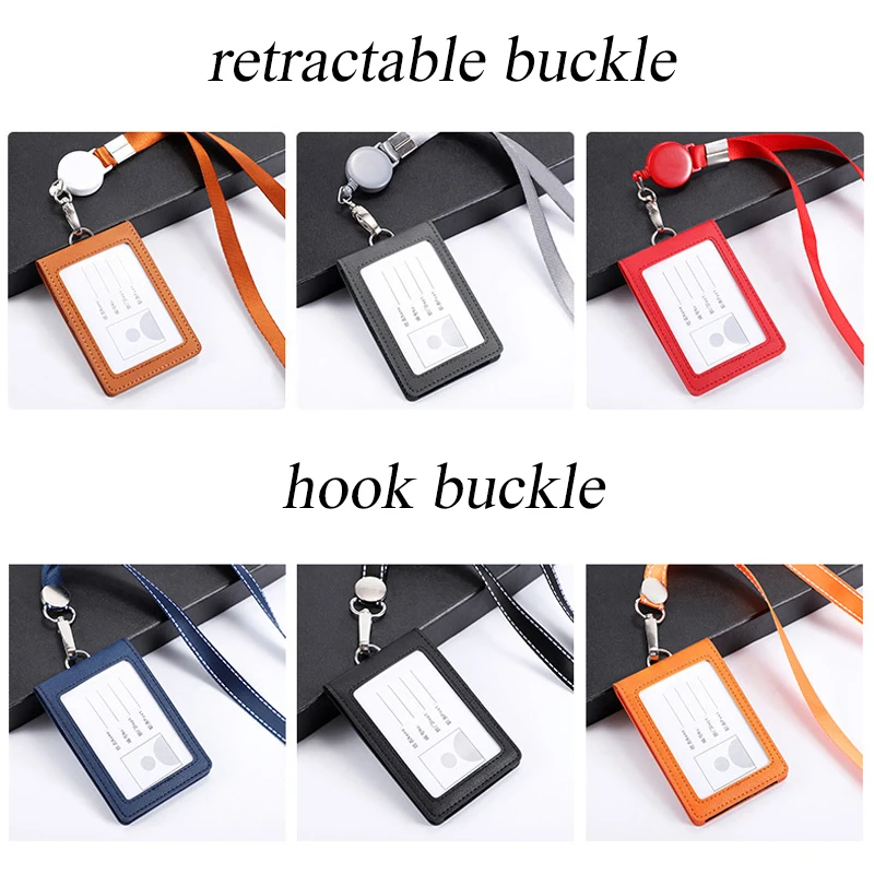 PU Leather Work Card Case Name Badges Retractable Lanyards ID Holder Cover Protector Case Business Card Holder Neck Strap