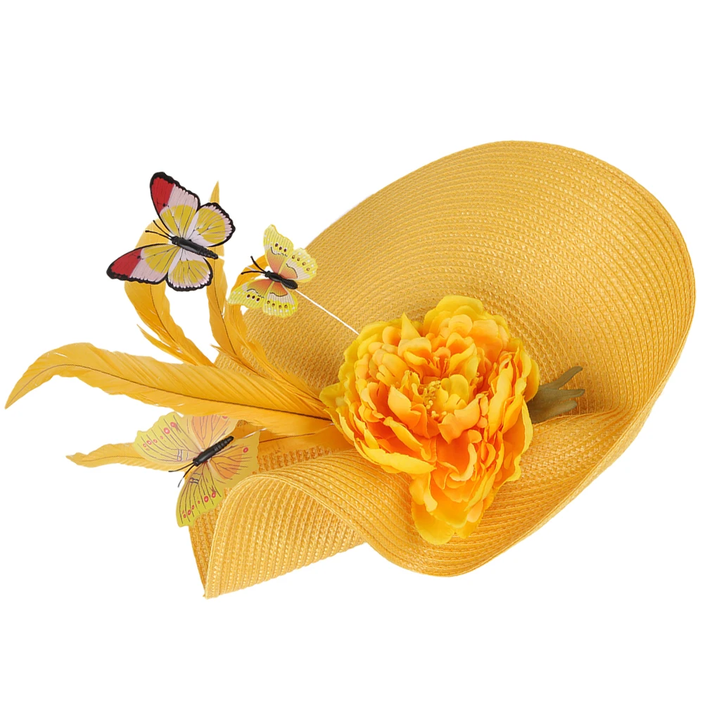 

Wide Brim Hat Women Hair Accessories Butterfly Fascinator Headband Tea Party Wedding Bridal Headdress Straw Design Durability