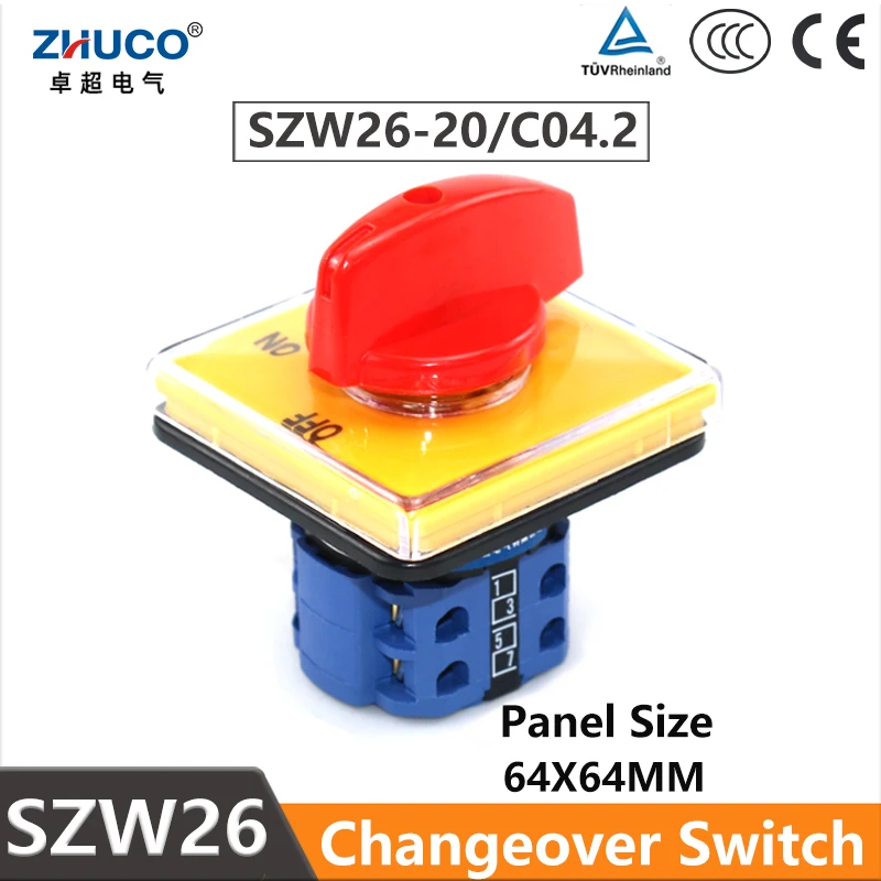 

ZHUCO SZW26/LW26-20 C04.2 20A 660V OFF ON 2 Position 8 Screws 64X64 mm Panel Manual Transfer Universal Changeover Cam Switch