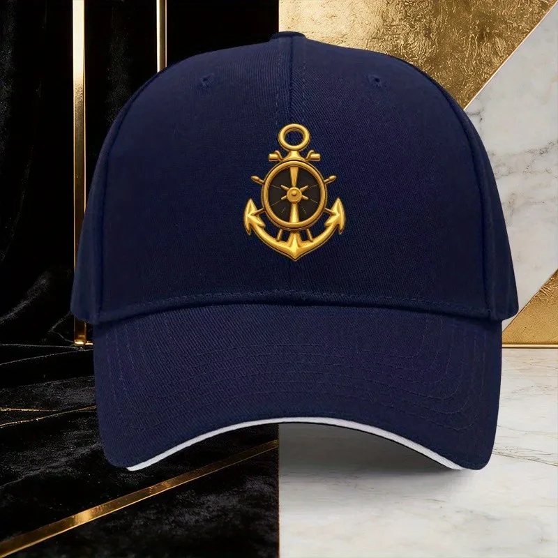 Nautical Anchor Ship Wheel Navy Blue Baseball Cap Adjustable Polyester Casual Outdoor Sun Protection