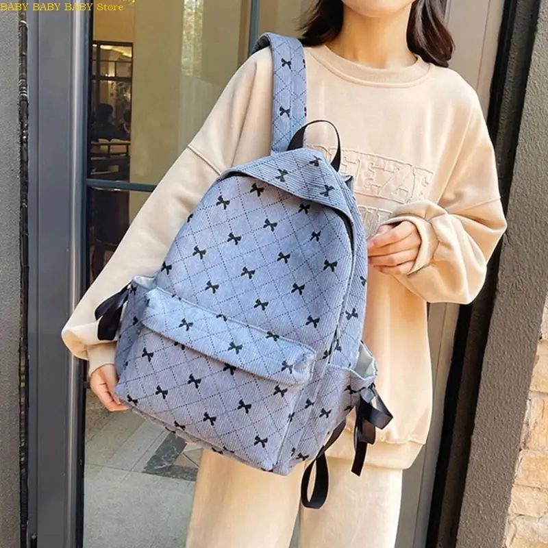 

Q81A Soft Corduroy Backpack Bows Pattern School Bag Casual Daypack for Everyday Use