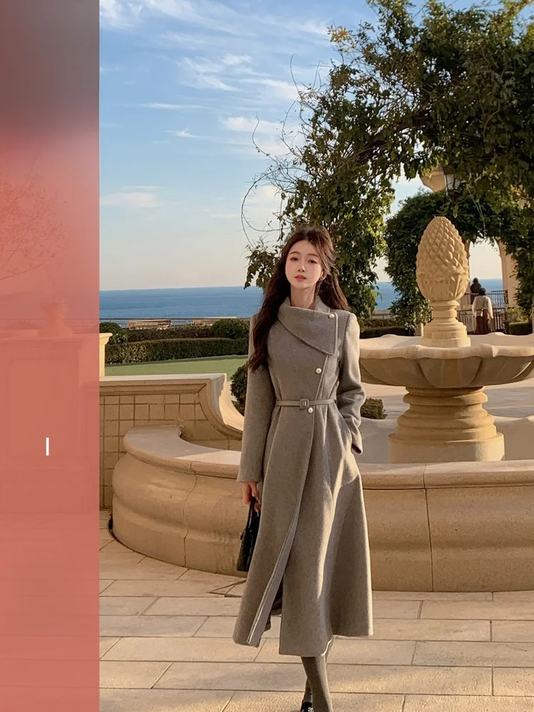 

Женское шерстяное пальто с шарфом, утягивающее талию, зимняя верхняя одежда, длинный рукав, воротник-стойка, средней длины, полиэстер 76%